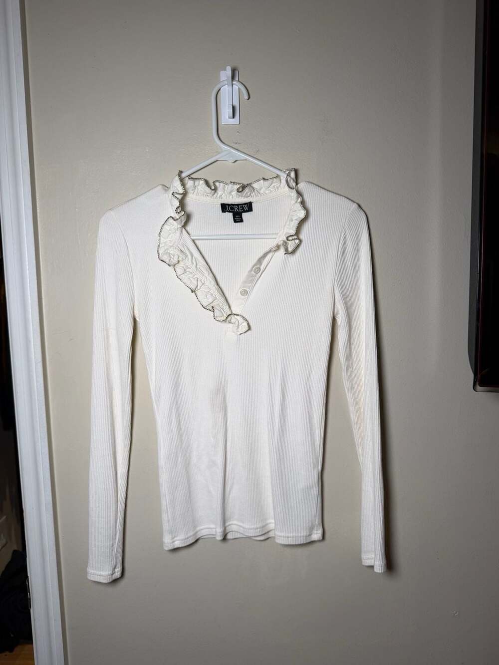 J.Crew Ruffled Rhinestone Trim Ribbed Top Size XXS White Long Sleeve